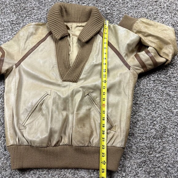 Vintage 70s Knit Sweater Mens Medium Lined Leather Pullover Jacket V Neck Italy - Picture 8 of 12